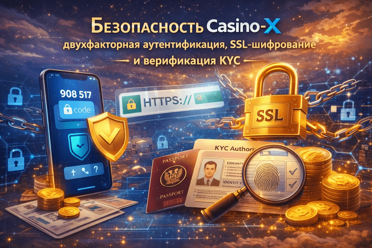 Безопасность Casino-X - двухфакторная аутентификация, SSL-шифрование и верификация KYC